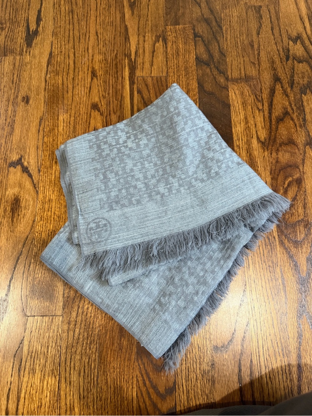 Tory Burch Light Gray Monogram Fringe Scarf